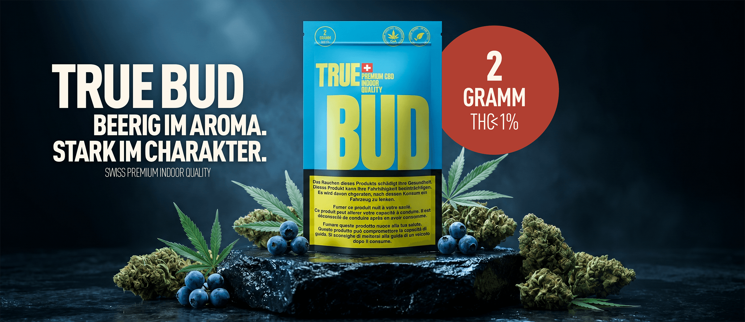 Pure True Bud CBD Verpackung auf einem schwarzen Stein.